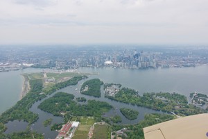 Toronto Island, the airport and downtown Toronto in view shortly after departure