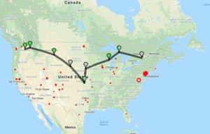 Route from Smiths Falls, ON to Moses Lake, WA